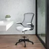 Kelista Mid-Back White Mesh Ergonomic Drafting Chair With Adjustable Foot Ring And Flip-Up Arms