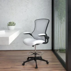 Kelista Mid-Back White Mesh Ergonomic Drafting Chair With Adjustable Foot Ring And Flip-Up Arms