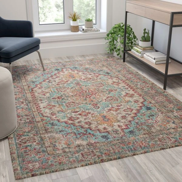 Katherine Distressed Vintage Medallion Area Rug - 5' X 7' - Blue Multi Polyester 1 Katherine Distressed Vintage Medallion Area Rug - 5' X 7' - Blue Multi Polyester