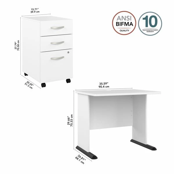 Bush Business Furniture Studio A 36W Small Computer Desk With 3 Drawer Mobile File Cabinet In White 7 Bush Business Furniture Studio A 36W Small Computer Desk With 3 Drawer Mobile File Cabinet In White - Image 7