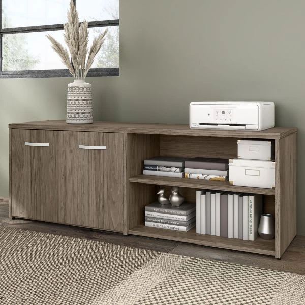 Bush Business Furniture Hybrid Low Storage Cabinet With Doors And Shelves In Modern Hickory 2 Bush Business Furniture Hybrid Low Storage Cabinet With Doors And Shelves In Modern Hickory - Image 2