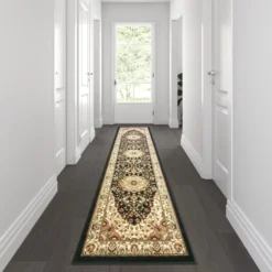 Mersin Collection Persian Style 3' X 10' Black Area Rug - Olefin Rug With Jute Backing - Hallway, Entryway, Bedroom, Living Room
