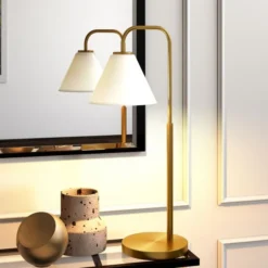 Henderson 27" Tall Arc Table Lamp With Glass Shade In Brass/White Milk -office furniture sale 03db72d9ab6fc28e6f6123c29b84f6fd07