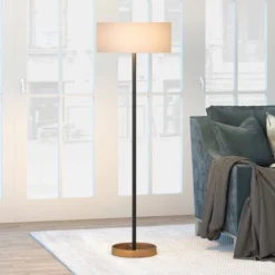 Estella Two-Tone Floor Lamp With Fabric Shade In Matte Black/Brass/White -office furniture sale 04b3ad905a622b3c5460603098f02f54e2