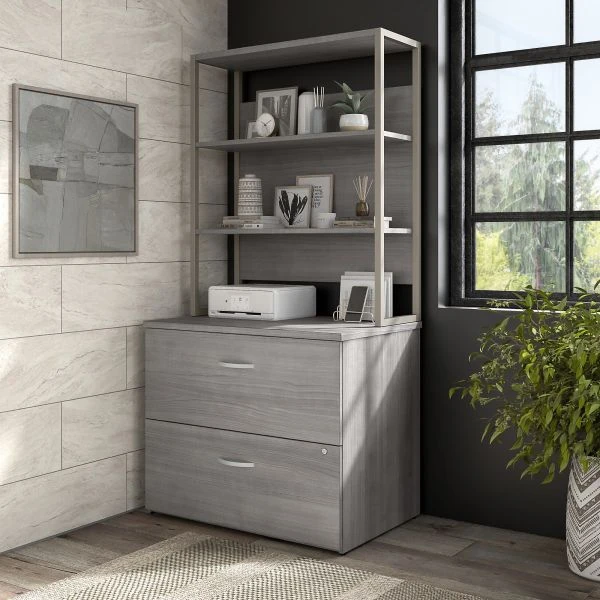 Bush Business Furniture Hybrid 2 Drawer Lateral File Cabinet With Shelves In Platinum Gray 4 Bush Business Furniture Hybrid 2 Drawer Lateral File Cabinet With Shelves In Platinum Gray - Image 4