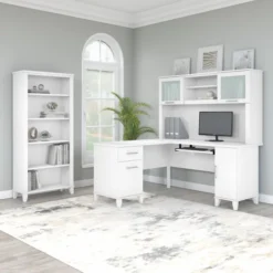 Bush Furniture Somerset 60W L Shaped Desk With Hutch And 5 Shelf Bookcase In White -office furniture sale 05f7e2d2d02bf1308f3f36d90e165b6cd2
