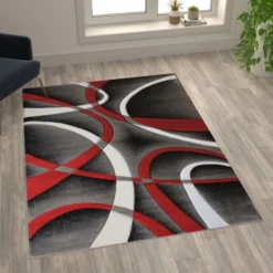 Atlan Collection 5' X 7' Red Abstract Area Rug - Olefin Rug With Jute Backing - Entryway, Living Room Or Bedroom