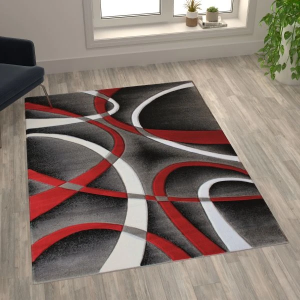 Atlan Collection 5' X 7' Red Abstract Area Rug - Olefin Rug With Jute Backing - Entryway, Living Room Or Bedroom 1 Atlan Collection 5' X 7' Red Abstract Area Rug - Olefin Rug With Jute Backing - Entryway, Living Room Or Bedroom