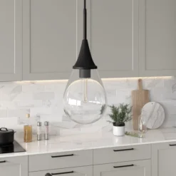 Ambrose 7.63" Wide Pendant With Glass Shade In Blackened Steel/Clear -office furniture sale 0857e85de9a8ad8c1e48245232f91483a2