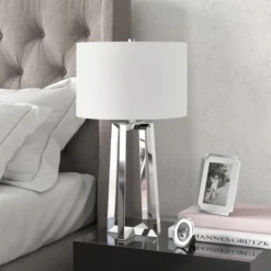 Helena 24.5" Tall Table Lamp With Fabric Shade In Polished Nickel/White -office furniture sale 089dbc8c4004941b2ee049ae3b5909fa52