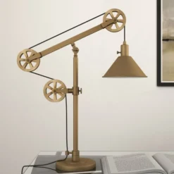 Descartes 29" Tall Pulley System Table Lamp With Metal Shade In Brass/Brass -office furniture sale 09529944d081260f67f28be2625034a69e