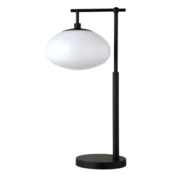 Blume 25" Tall Arc Table Lamp With Glass Shade In Blackened Bronze/White Milk -office furniture sale 09bb62de8cb71c886369efef1defd72207