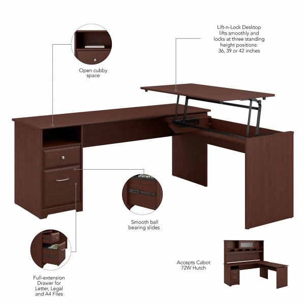 Bush Furniture Cabot 72W 3 Position L Shaped Sit To Stand Desk In Harvest Cherry 2 Bush Furniture Cabot 72W 3 Position L Shaped Sit To Stand Desk In Harvest Cherry - Image 2