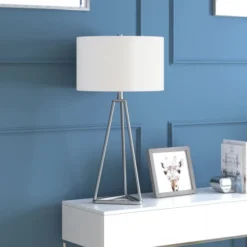 Gio 26.13" Tall Table Lamp With Fabric Shade In Brushed Nickel/White -office furniture sale 0aa5f48c7f5fdb70ab27cd2853b546c1f2