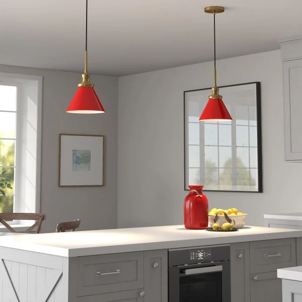 Zeno 8.5" Wide Pendant With Metal Shade In Poppy Red/Brass/Poppy Red 5 Zeno 8.5" Wide Pendant With Metal Shade In Poppy Red/Brass/Poppy Red - Image 5