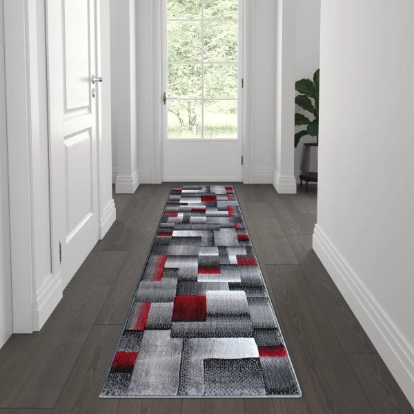 Elio Collection 2' X 7' Red Color Blocked Area Rug - Olefin Rug With Jute Backing - Entryway, Living Room, Or Bedroom 1 Elio Collection 2' X 7' Red Color Blocked Area Rug - Olefin Rug With Jute Backing - Entryway, Living Room, Or Bedroom