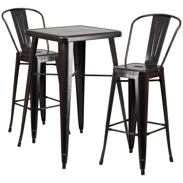 Flash Furniture 23.75'' Square Black-Antique Gold Metal Indoor-Outdoor Bar Table Set With 2 Barstools With Backs 2 Flash Furniture 23.75'' Square Black-Antique Gold Metal Indoor-Outdoor Bar Table Set With 2 Barstools With Backs - Image 2