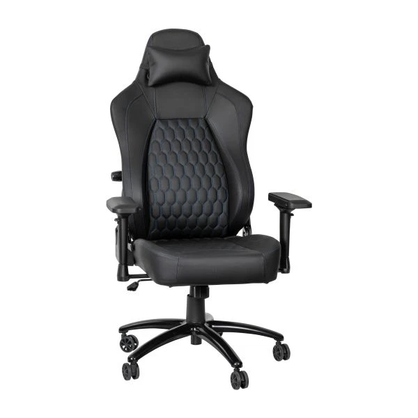 Falco Ergonomic High Back Adjustable Gaming Chair With 4D Armrests, Headrest Pillow, And Adjustable Lumbar Support, Black With Blue Stitching 2 Falco Ergonomic High Back Adjustable Gaming Chair With 4D Armrests, Headrest Pillow, And Adjustable Lumbar Support, Black With Blue Stitching - Image 2