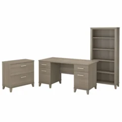 Bush Furniture Somerset 60W Office Desk With Lateral File Cabinet And 5 Shelf Bookcase In Ash Gray