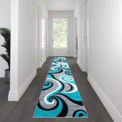 Athos Collection 3' X 16' Turquoise Abstract Area Rug - Olefin Rug With Jute Backing - Hallway, Entryway, Or Bedroom