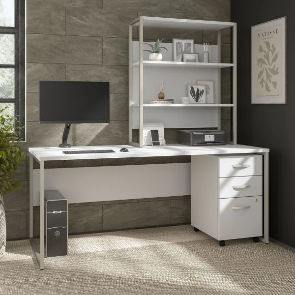 Bush Business Furniture Hybrid 72W X 30D Computer Desk With Hutch, Mobile File Cabinet And Monitor Arm In White 6 Bush Business Furniture Hybrid 72W X 30D Computer Desk With Hutch, Mobile File Cabinet And Monitor Arm In White - Image 6