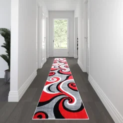 Athos Collection 3' X 16' Red Abstract Area Rug - Olefin Rug With Jute Backing - Hallway, Entryway, Or Bedroom