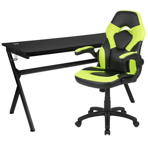 Optis Gaming Desk And Green/Black Racing Chair Set /Cup Holder/Headphone Hook/Removable Mouse Pad Top - 2 Wire Management Holes 2 Optis Gaming Desk And Green/Black Racing Chair Set /Cup Holder/Headphone Hook/Removable Mouse Pad Top - 2 Wire Management Holes - Image 2