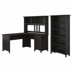 Bush Furniture Salinas 60W L Shaped Desk With Hutch And 5 Shelf Bookcase In Vintage Black