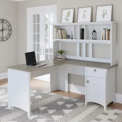 Bush Furniture Salinas 60W L Shaped Desk With Hutch In Pure White And Shiplap Gray -office furniture sale 118ada5c2a68e12b1811e40b3b3c643baf