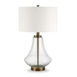 Lagos 23" Tall Table Lamp With Fabric Shade In Seeded Glass/Brushed Brass/White