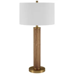 Harlow 29" Tall Table Lamp With Fabric Shade In Rustic Oak/Brass/White