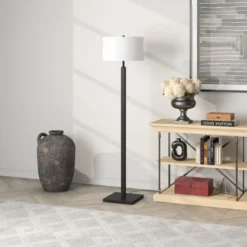 Flaherty 62.32" Tall Floor Lamp With Fabric Shade In Blackened Bronze/White -office furniture sale 1339387616a9cc5d310ad7815c6f5d29df