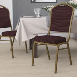 Flash Furniture HERCULES Series Crown Back Stacking Banquet Chair With Burgundy Patterned Fabric And 2.5'' Thick Seat - Gold Frame