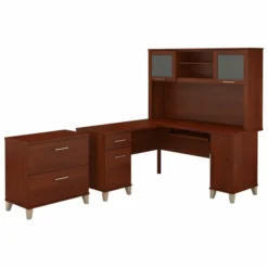 Bush Furniture Somerset 60W L Shaped Desk With Hutch And Lateral File Cabinet In Hansen Cherry
