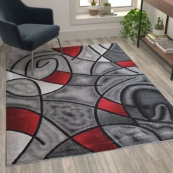 Jubilee Collection 5' X 7' Red Abstract Area Rug - Olefin Rug With Jute Backing - Living Room, Bedroom, & Family Room