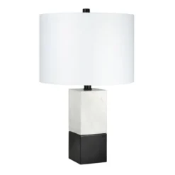 Lena 21.5" Tall Table Lamp With Fabric Shade In Marble/Blackened Bronze/White