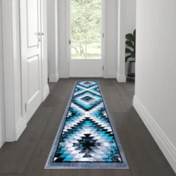 Teagan Collection Southwestern 2' X 7' Turquoise Area Rug - Olefin Rug With Jute Backing - Entryway, Living Room, Bedroom