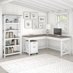 Bush Furniture Key West 60W L Shaped Desk With 2 Drawer Mobile File Cabinet And 5 Shelf Bookcase In Pure White And Shiplap Gray -office furniture sale 15e7d7f2c180be4cde6604459aaaaa2ad3
