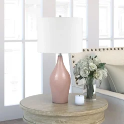 Bella 28.25" Tall Porcelain Table Lamp With Fabric Shade In Rose/White -office furniture sale 16114fc03a73edcf425d89ae83ae901f18