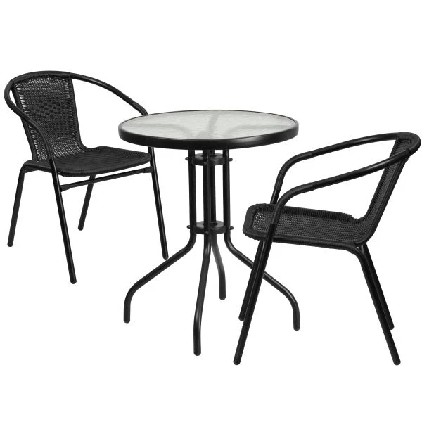 Lila 23.75'' Round Glass Metal Table With 2 Black Rattan Stack Chairs 2 Lila 23.75'' Round Glass Metal Table With 2 Black Rattan Stack Chairs - Image 2