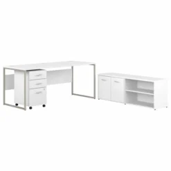 Bush Business Furniture Hybrid 72W X 30D Computer Table Desk With Storage And Mobile File Cabinet In White