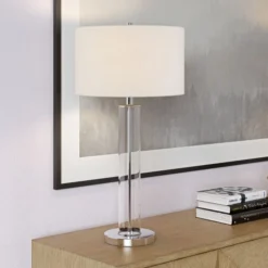 Harlow 29" Tall Table Lamp With Fabric Shade In Clear Glass/Polished Nickel/White -office furniture sale 17a88f1ce49ad2f858a3ac7898808cf1d8