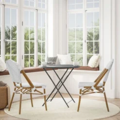 Lourdes Indoor/Outdoor Commercial French Bistro Stacking Chair, White And Gray PE Rattan Back And Seat, Bamboo Print Aluminum Frame In Natural