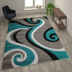 Athos Collection 8' X 10' Turquoise Abstract Area Rug - Olefin Rug With Jute Backing - Hallway, Entryway, Or Bedroom