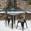Owen Commercial Grade 23.75" Square Black-Antique Gold Metal Indoor-Outdoor Table Set With 2 Stack Chairs