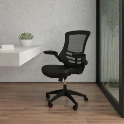 Flash Furniture Mid-Back Mesh Task Chair With Leather Padded Seat And Flip-Up Arms