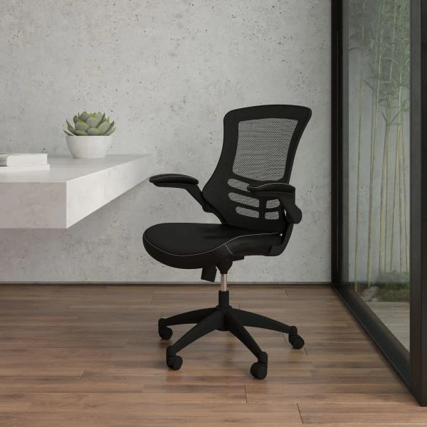 Flash Furniture Mid-Back Mesh Task Chair With Leather Padded Seat And Flip-Up Arms 1 Flash Furniture Mid-Back Mesh Task Chair With Leather Padded Seat And Flip-Up Arms
