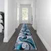 Tellus Collection 3' X 15' Olefin Turquoise Ocean Waves Pattern Area Rug With Jute Backing For Entryway, Living Room, Bedroom