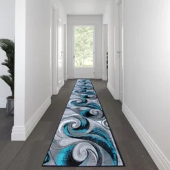 Tellus Collection 3' X 15' Olefin Turquoise Ocean Waves Pattern Area Rug With Jute Backing For Entryway, Living Room, Bedroom