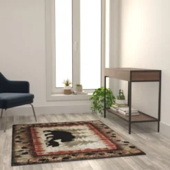 Ursus Collection 4' X 5' Rustic Lodge Wandering Black Bear And Cub Area Rug With Jute Backing